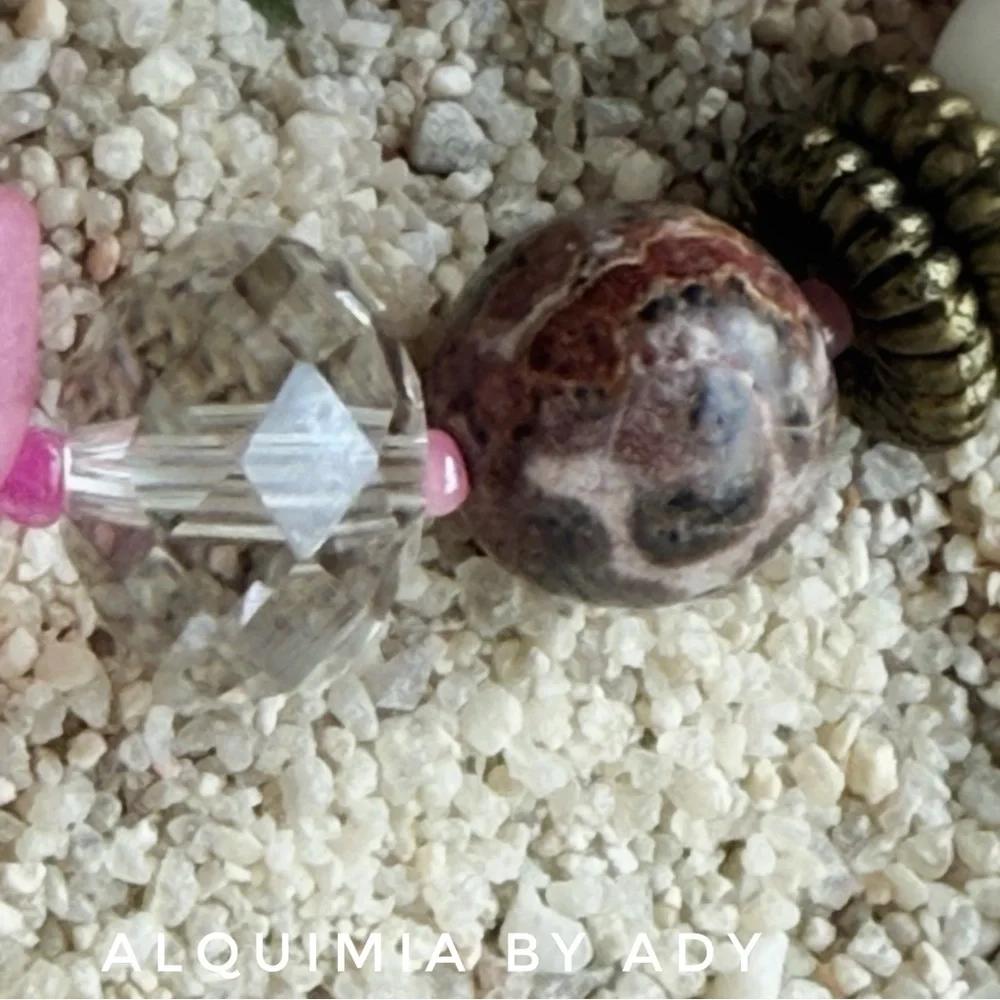Alquimia Pink and White GEMSTONES Beaded Bracelet with Brass Accents